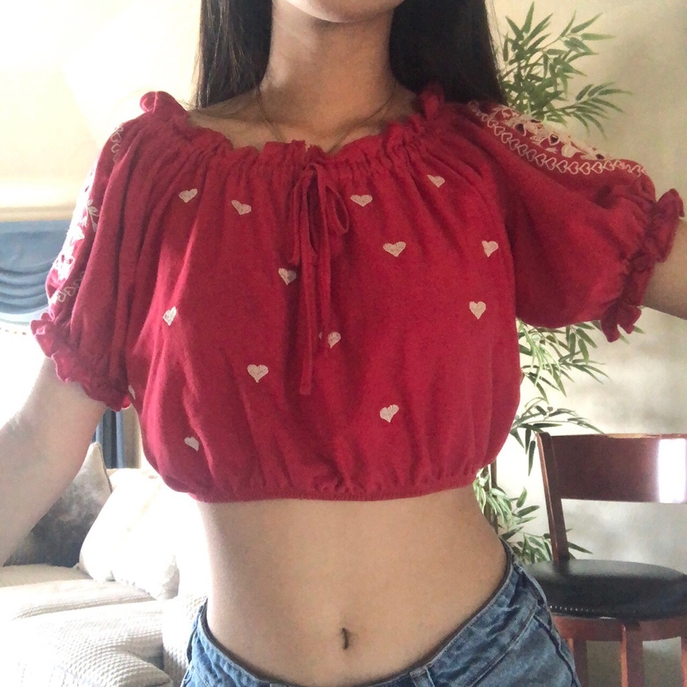 topshop red crop top with white embroidery!
